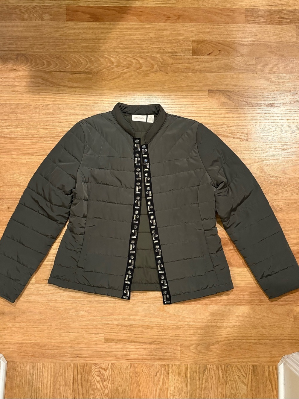 Chico's Olive Quilted Open-Front Puffer Jacket Sz0